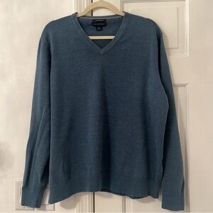 Lands' End Cotton V Neck Sweater Blue XL